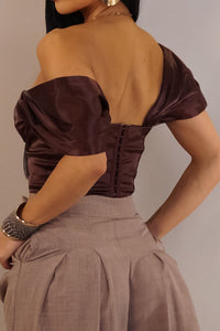 Women’s Satin Off-Shoulder Crop Top | Ruched Tie-Front Princess Sleeve Top