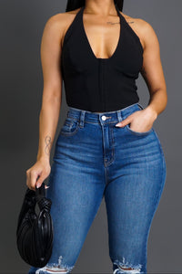 Women’s Black Deep V Halter Crop Top | Backless Fitted Tank