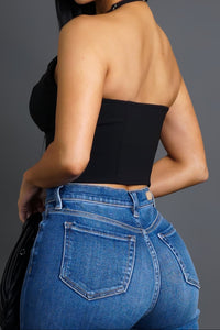 Women’s Black Deep V Halter Crop Top | Backless Fitted Tank