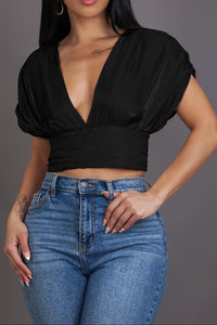 Women’s Black Deep V Ruched Short Sleeve Crop Top | Fitted Waist Slim Crop