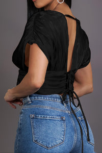 Women’s Black Deep V Ruched Short Sleeve Crop Top | Fitted Waist Slim Crop